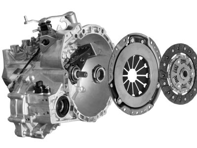 Clutch disc with clutch basket and bearing and gearbox on the ball background